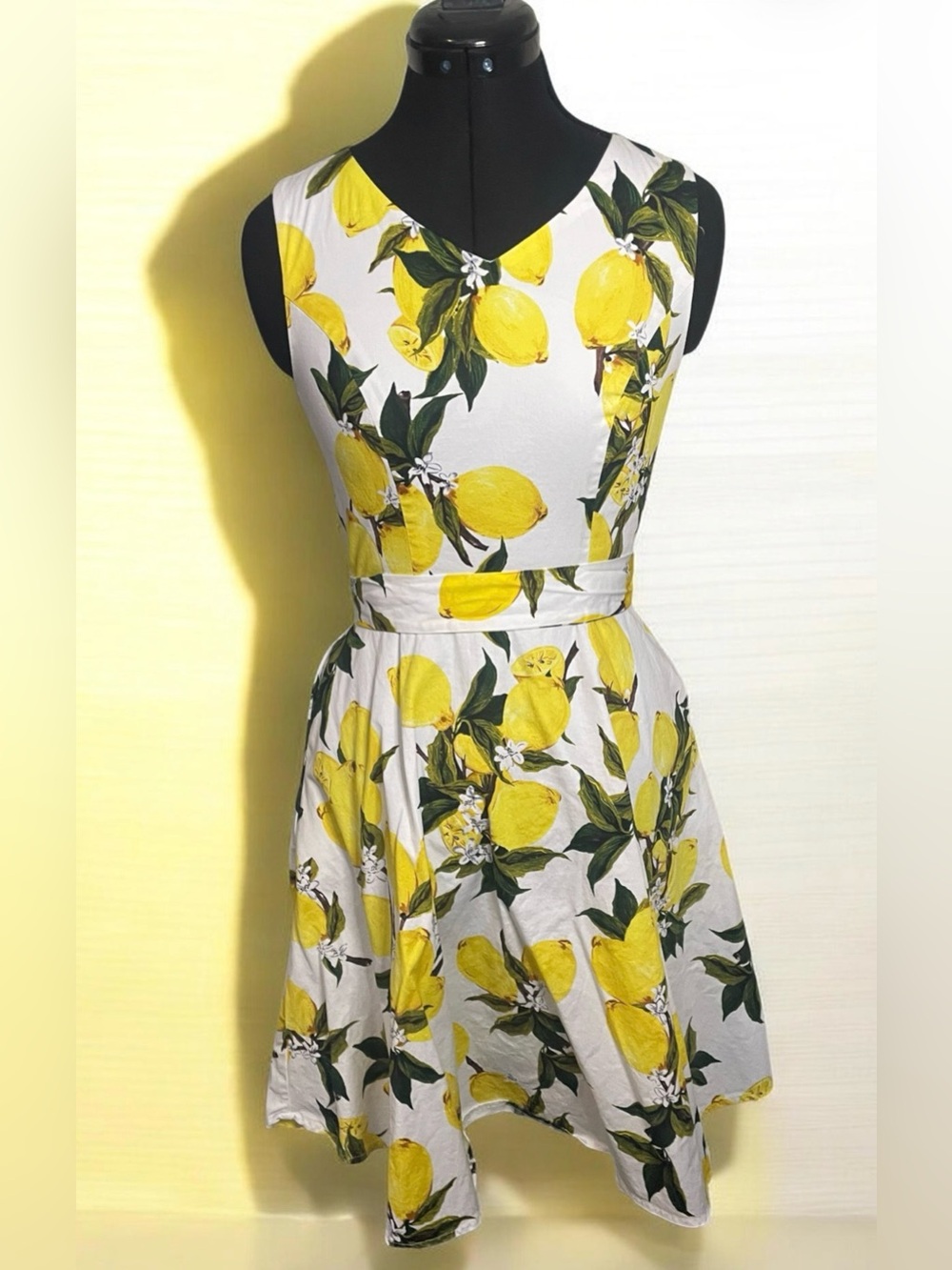 Anthropologie White Lemon-Print Sleeveless Fit-and-Flare Dress
